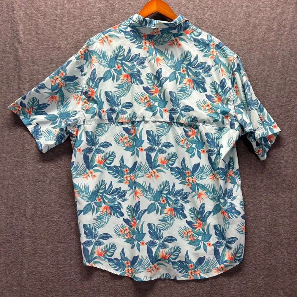 IZOD Saltwater Mens 2XLT Tropical Bird of Paradise Fishing Shirt Blue Short Slev - Picture 3 of 8